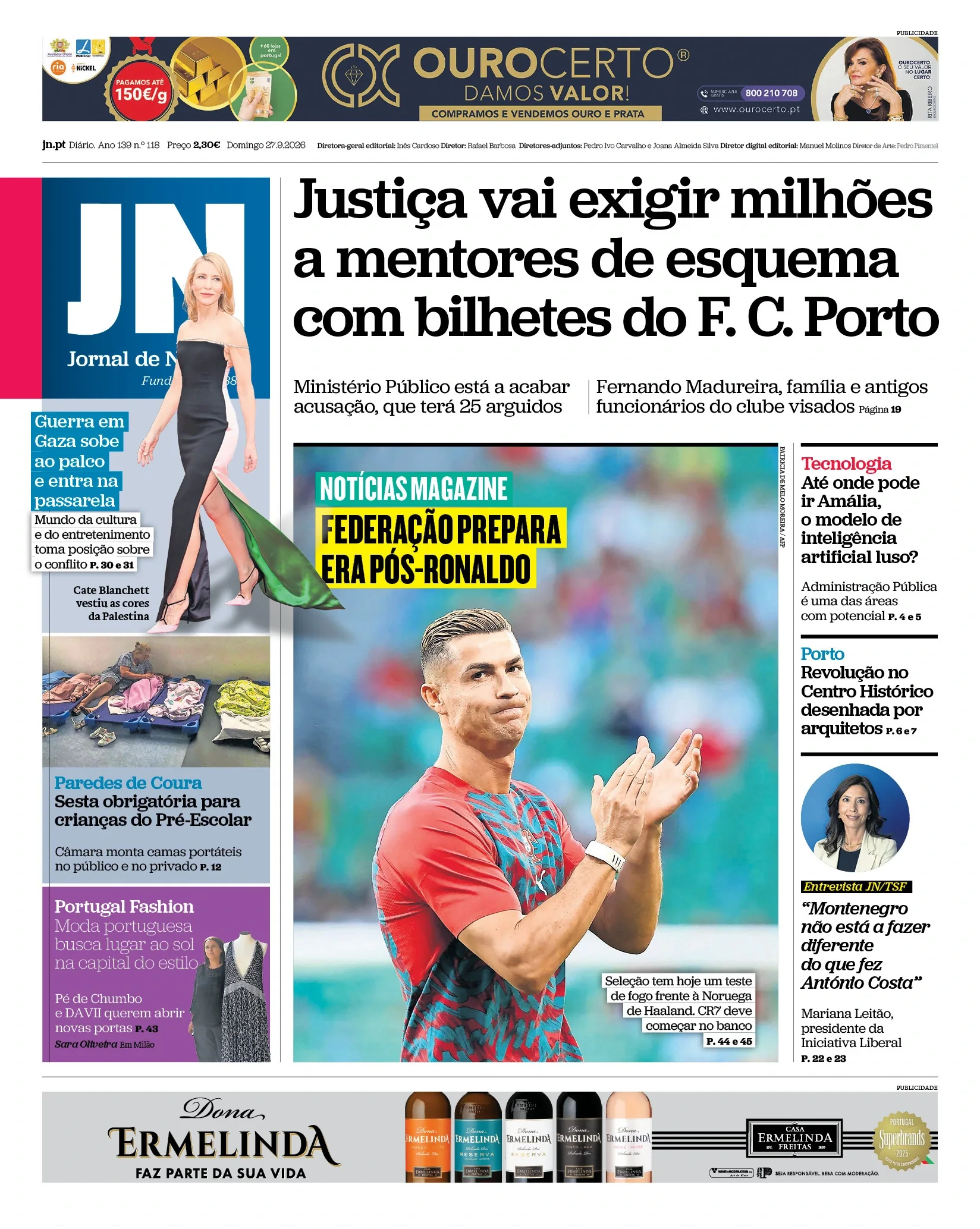 Capa do Jornal de Notícias de domingo, 27 de setembro de 2026