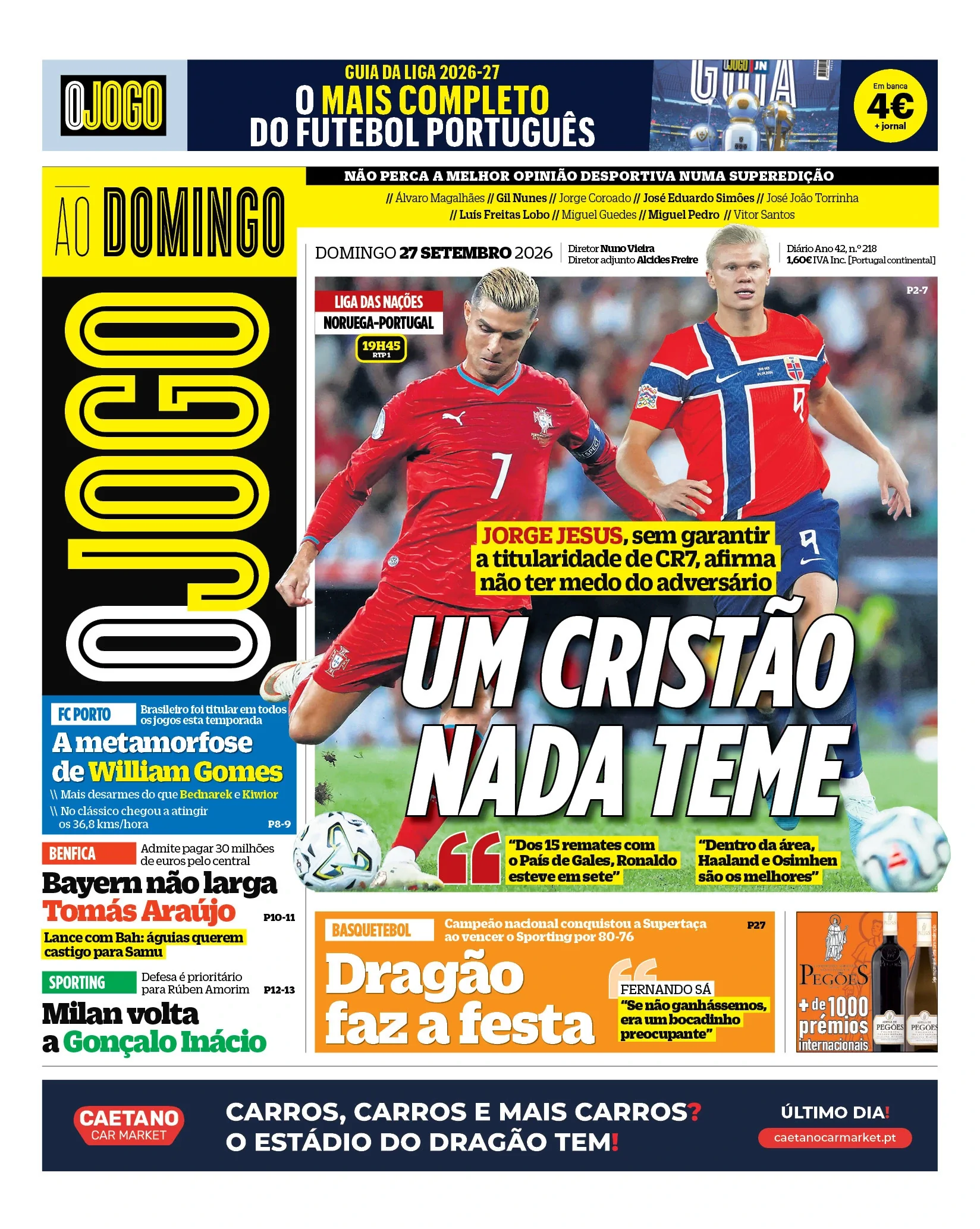 Capa do O Jogo de domingo, 27 de setembro de 2026