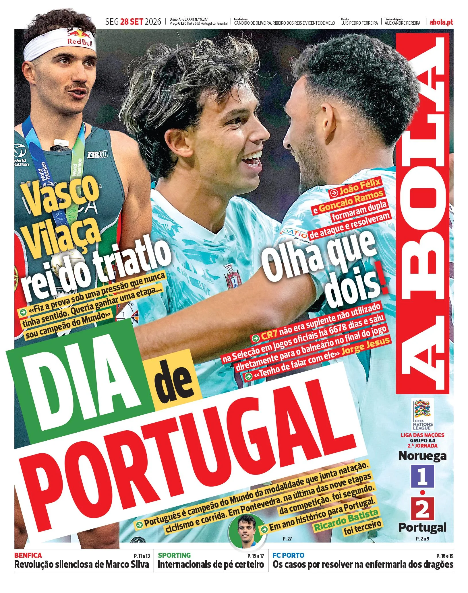 Capa do A Bola de segunda-feira, 28 de setembro de 2026