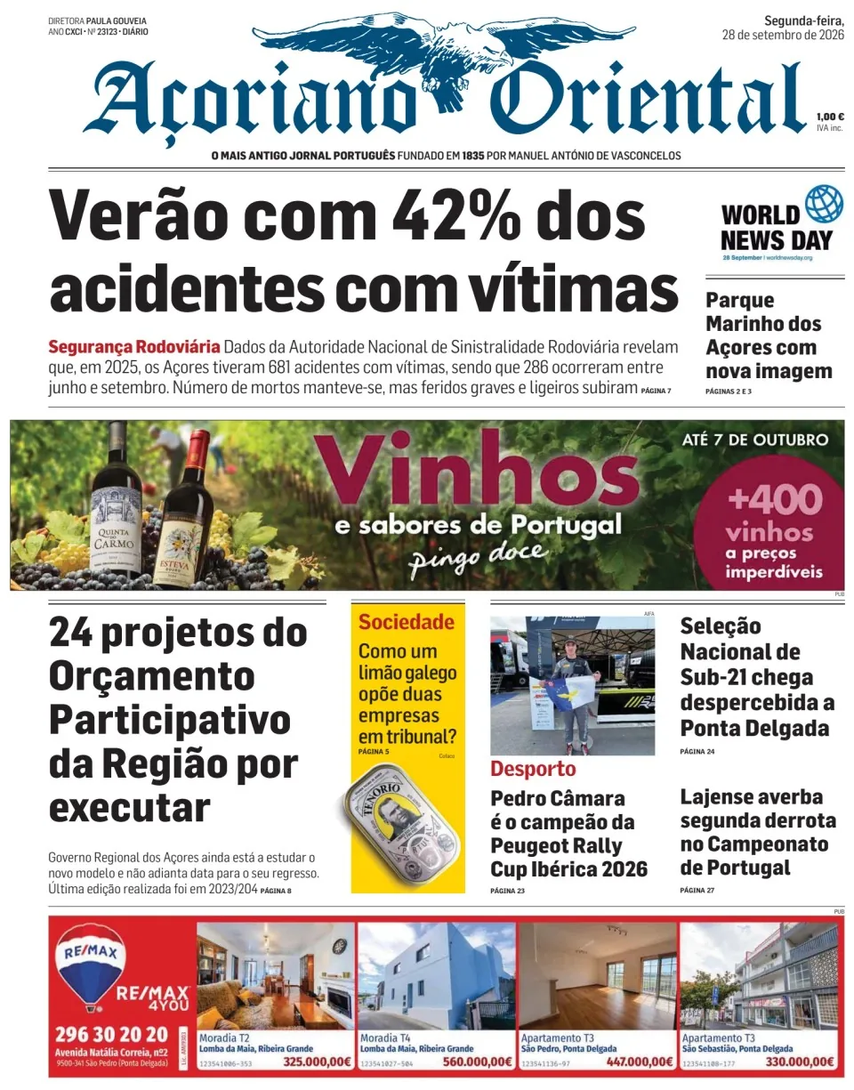 Capa do Açoriano Oriental de segunda-feira, 28 de setembro de 2026
