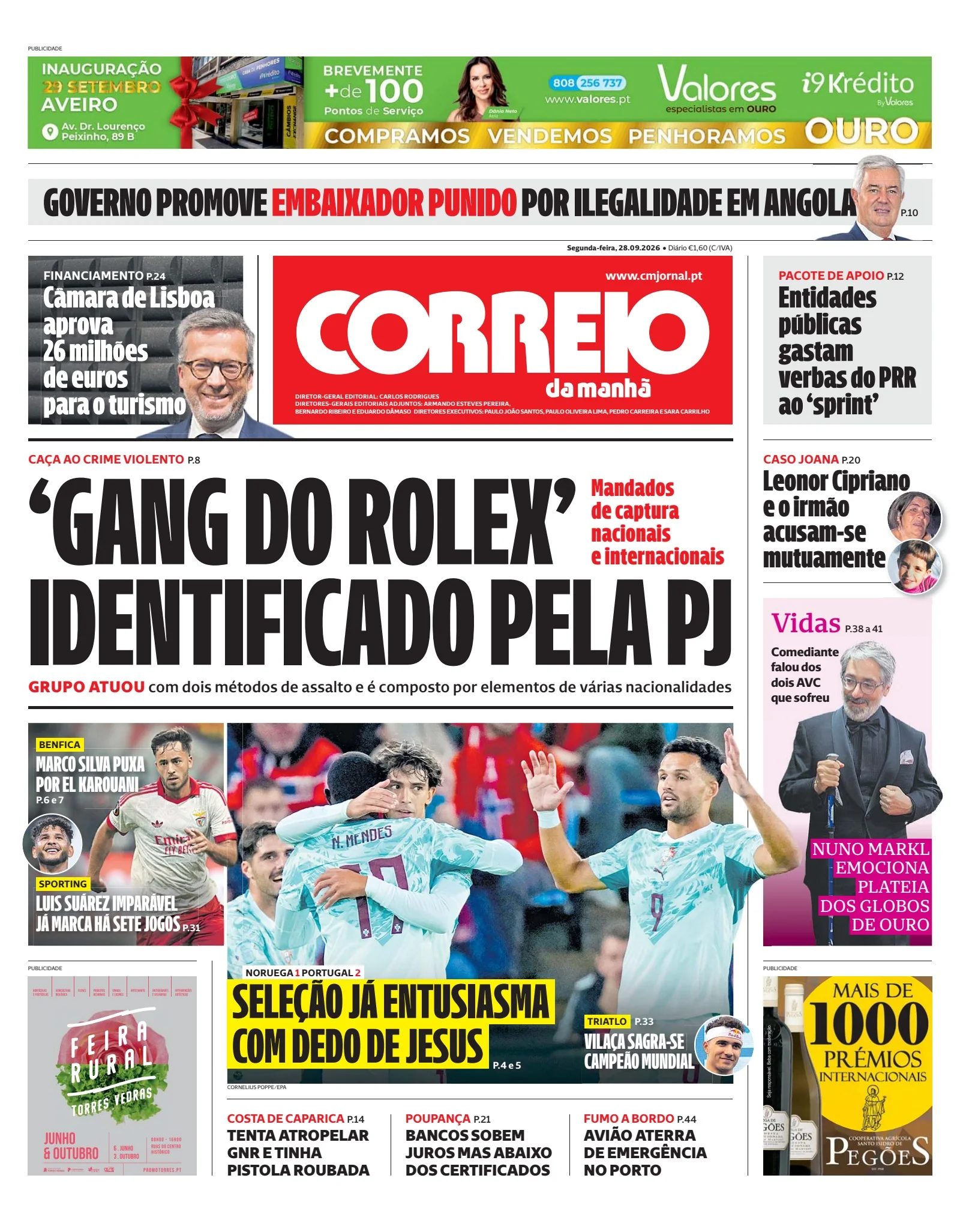 Capa do Correio da Manhã de segunda-feira, 28 de setembro de 2026