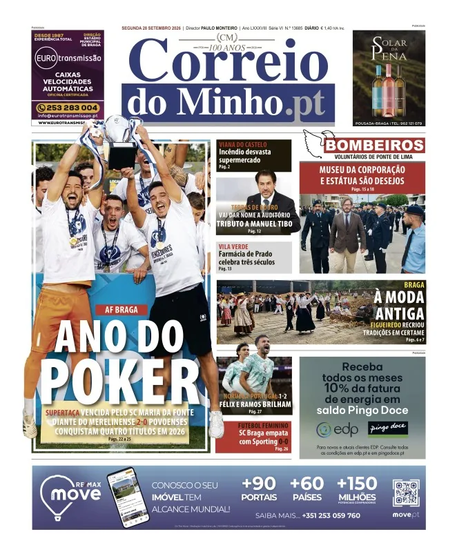 Capa do Correio do Minho de segunda-feira, 28 de setembro de 2026