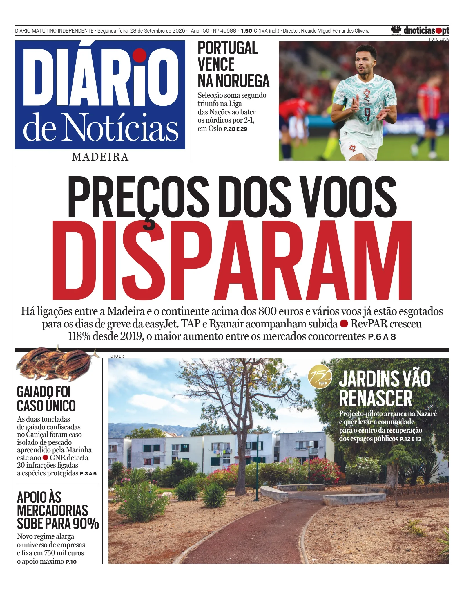 Capa do Diário de Notícias da Madeira de segunda-feira, 28 de setembro de 2026