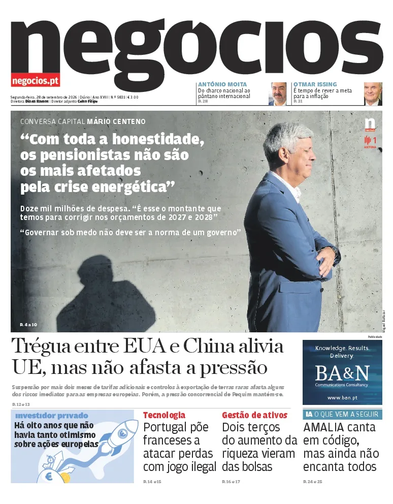 Capa do Jornal de Negócios de segunda-feira, 28 de setembro de 2026