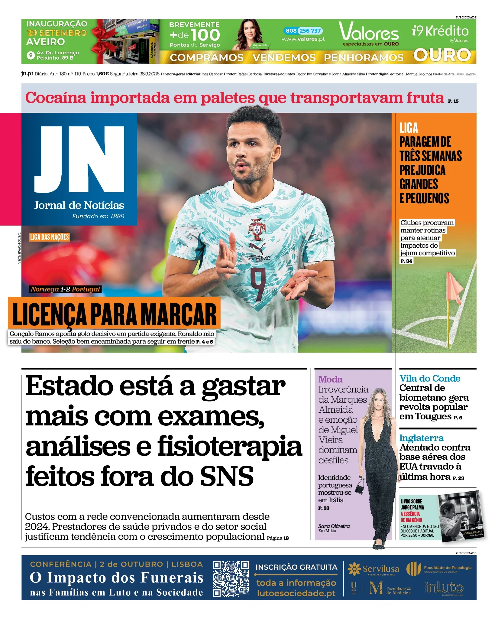 Capa do Jornal de Notícias de segunda-feira, 28 de setembro de 2026