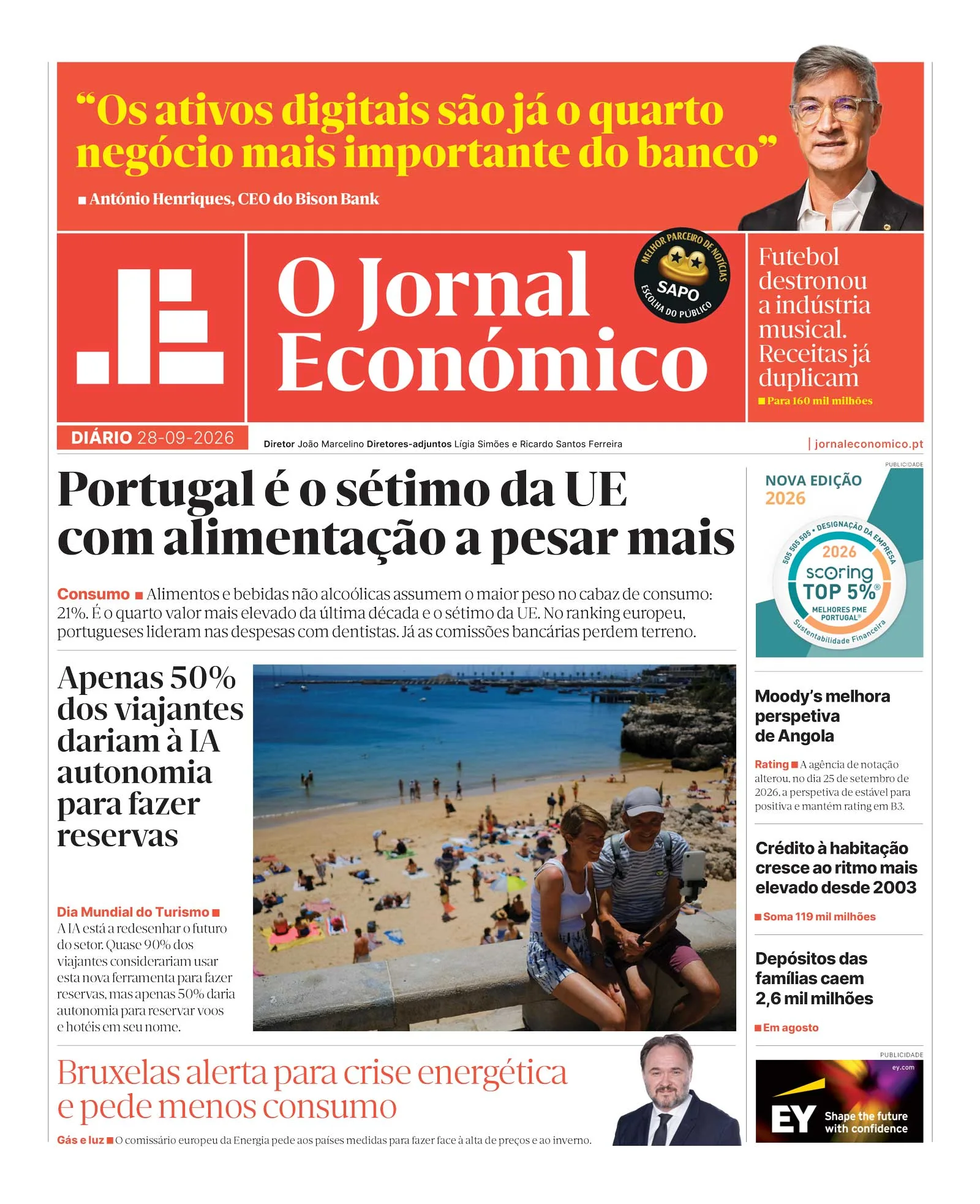 Capa do Jornal Económico de segunda-feira, 28 de setembro de 2026