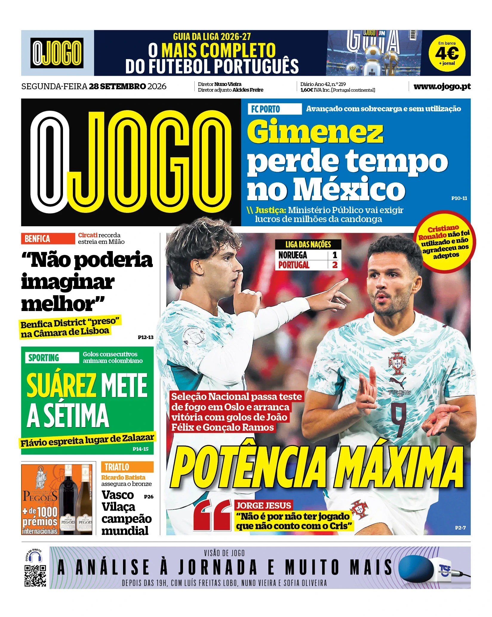 Capa do O Jogo de segunda-feira, 28 de setembro de 2026