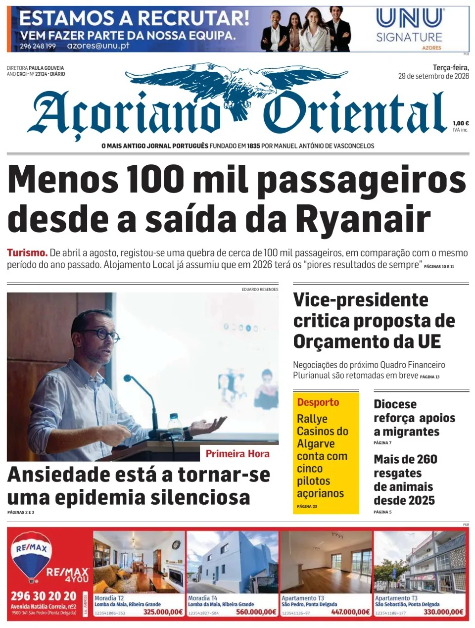 Capa do Açoriano Oriental de terça-feira, 29 de setembro de 2026