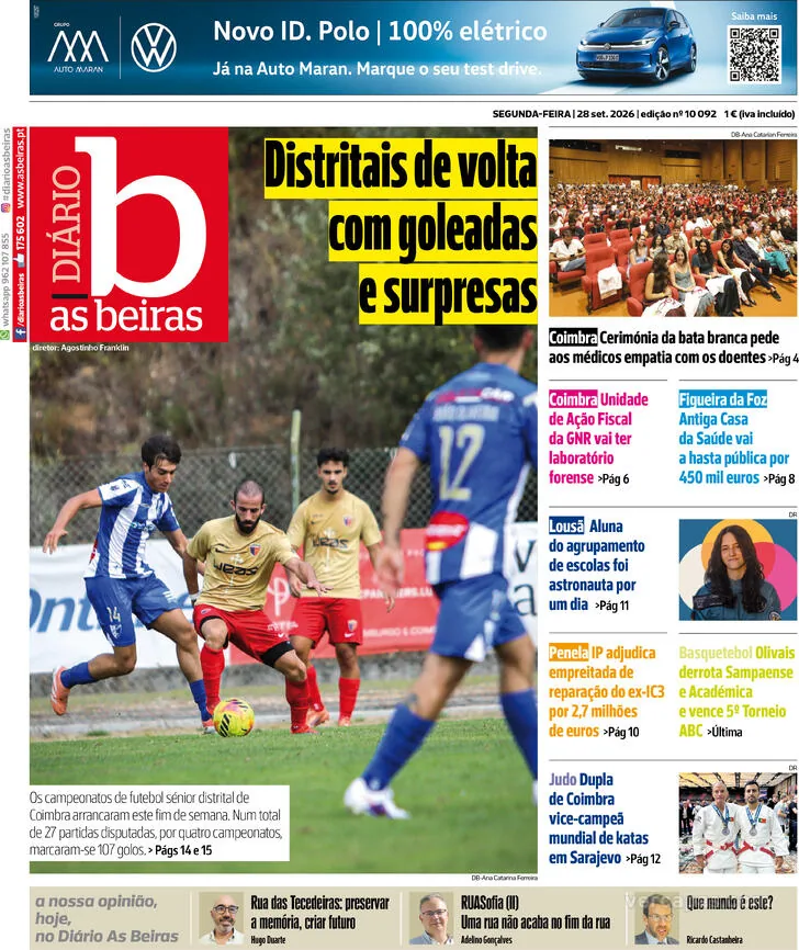 Capa do Diário As Beiras de terça-feira, 29 de setembro de 2026