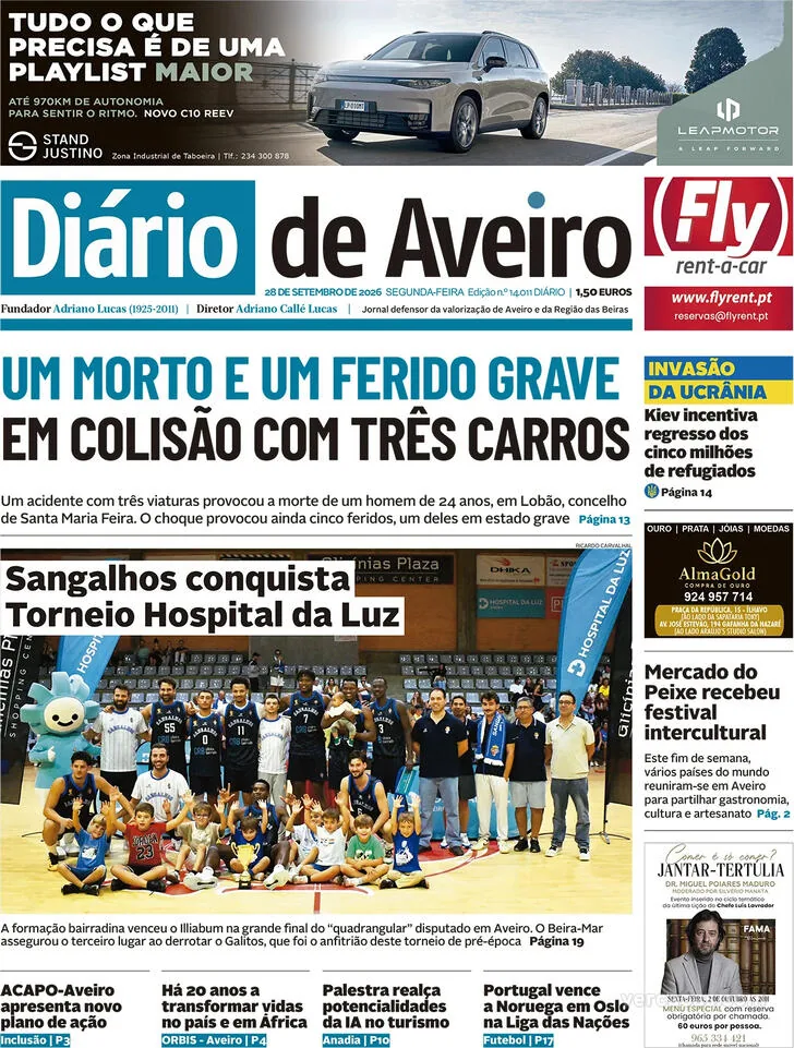 Capa do Diário de Aveiro de terça-feira, 29 de setembro de 2026