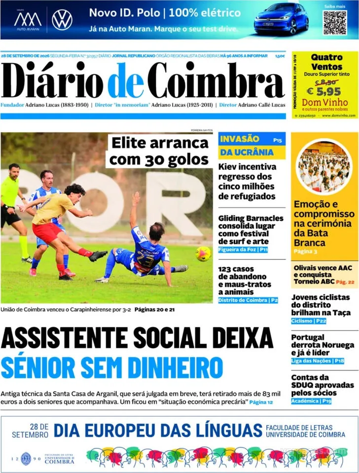 Capa do Diário de Coimbra de terça-feira, 29 de setembro de 2026