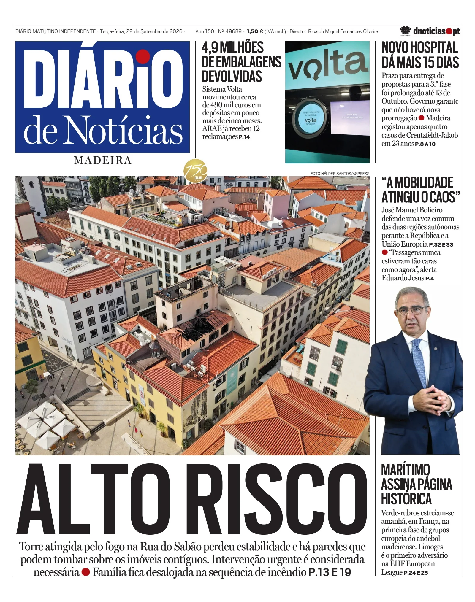 Capa do Diário de Notícias da Madeira de terça-feira, 29 de setembro de 2026