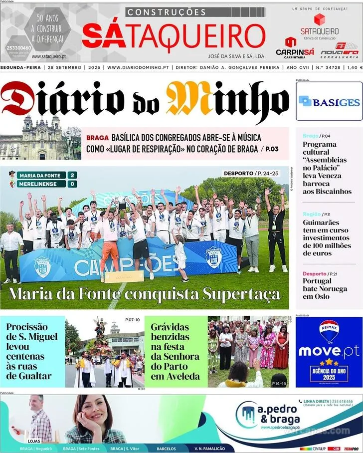 Capa do Diário do Minho de terça-feira, 29 de setembro de 2026