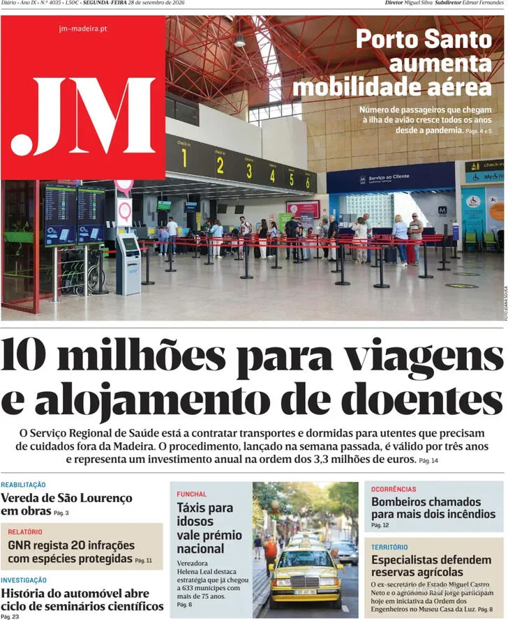 Capa do Jornal da Madeira de terça-feira, 29 de setembro de 2026