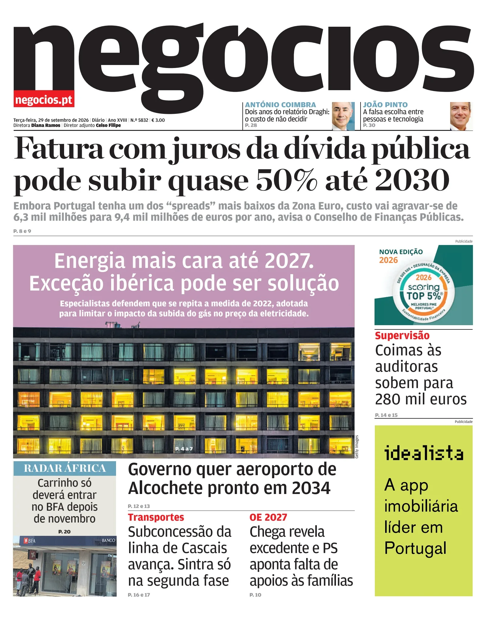 Capa do Jornal de Negócios de terça-feira, 29 de setembro de 2026