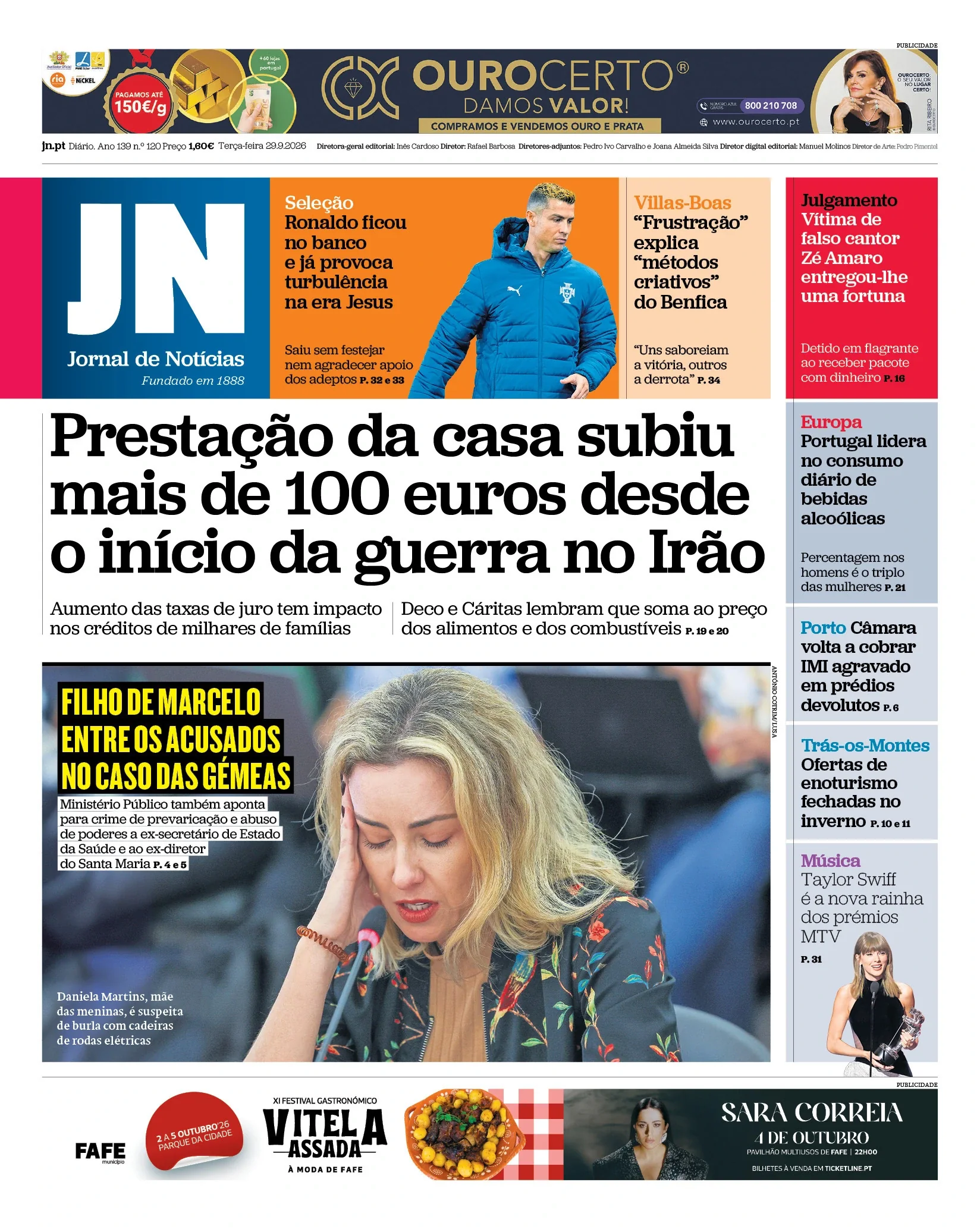Capa do Jornal de Notícias de terça-feira, 29 de setembro de 2026
