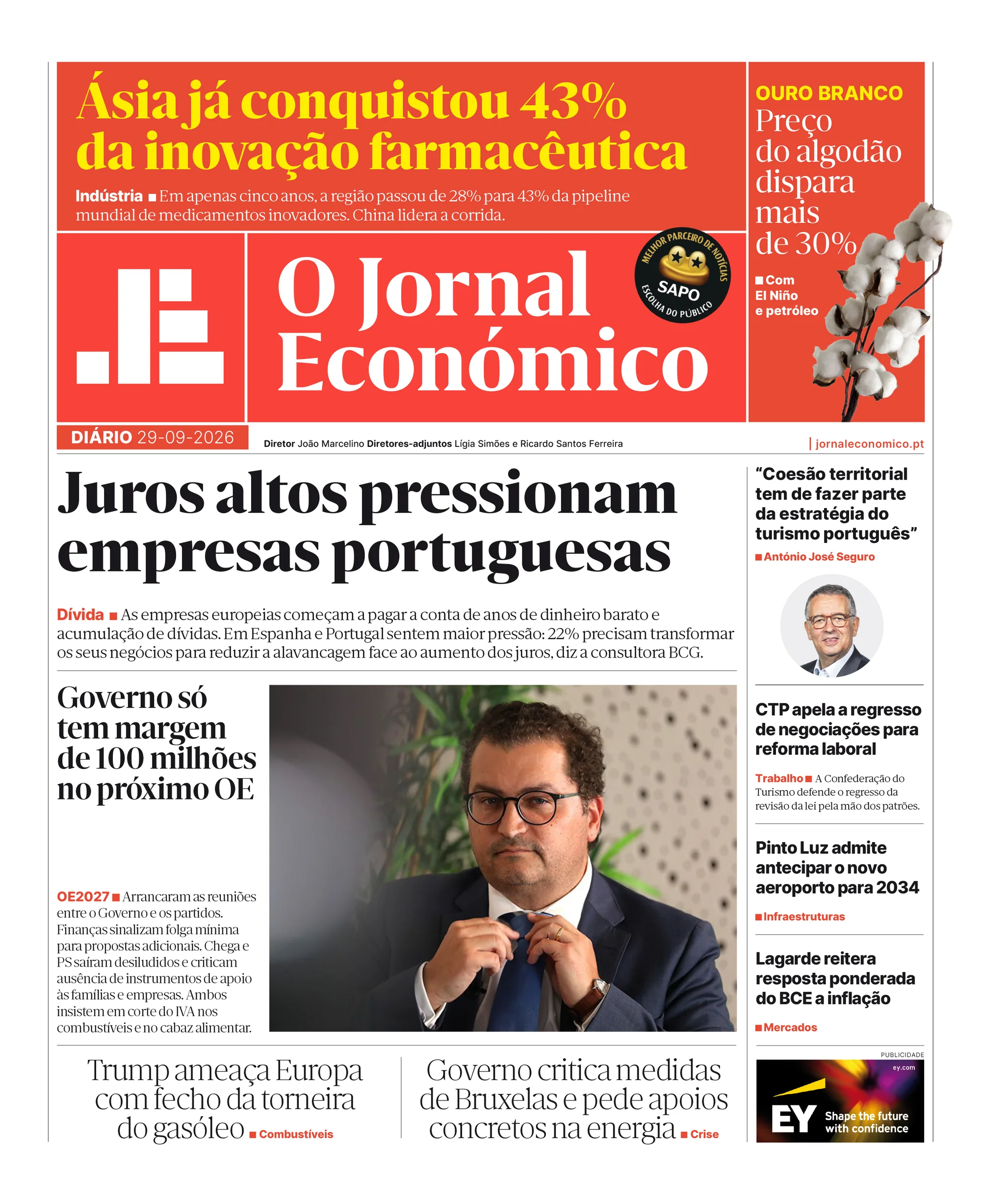 Capa do Jornal Económico de terça-feira, 29 de setembro de 2026