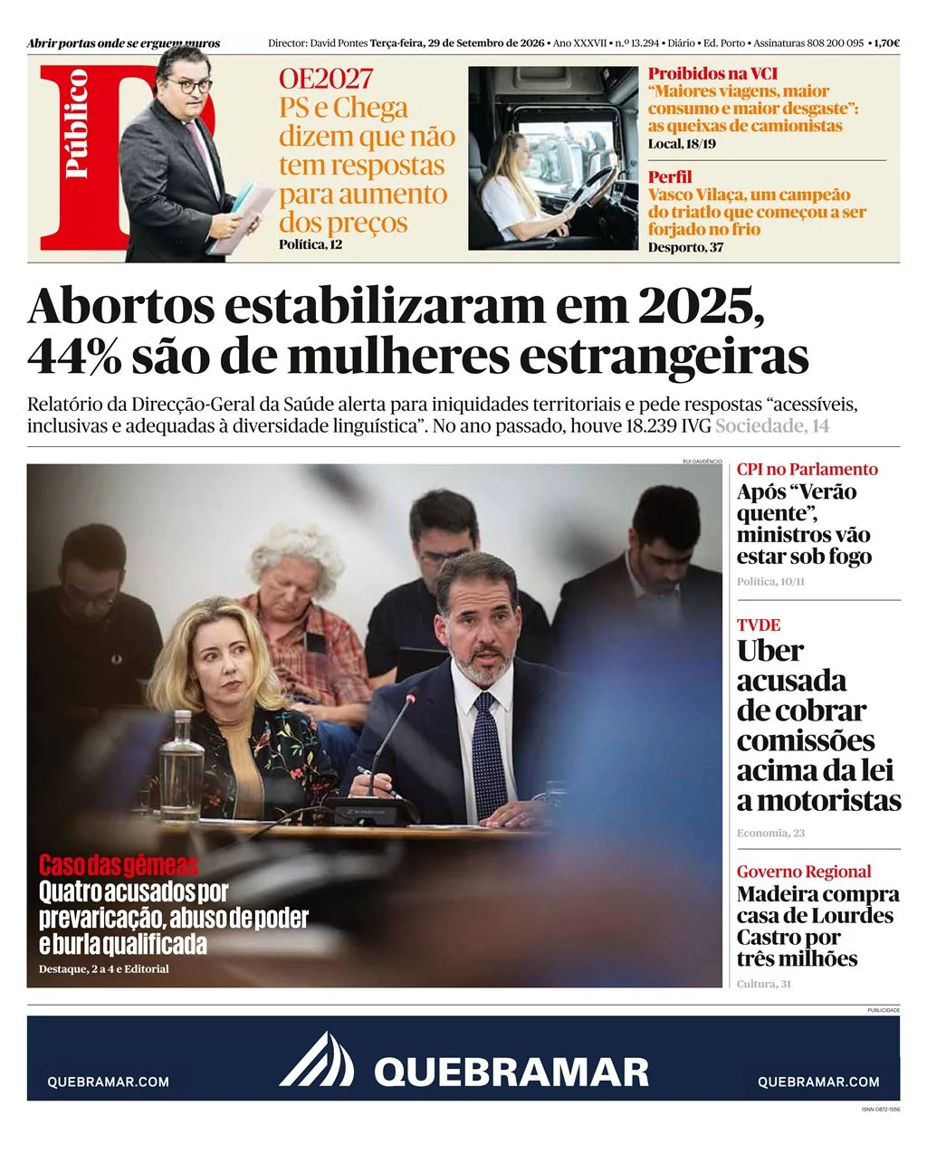 Capa do Público de terça-feira, 29 de setembro de 2026