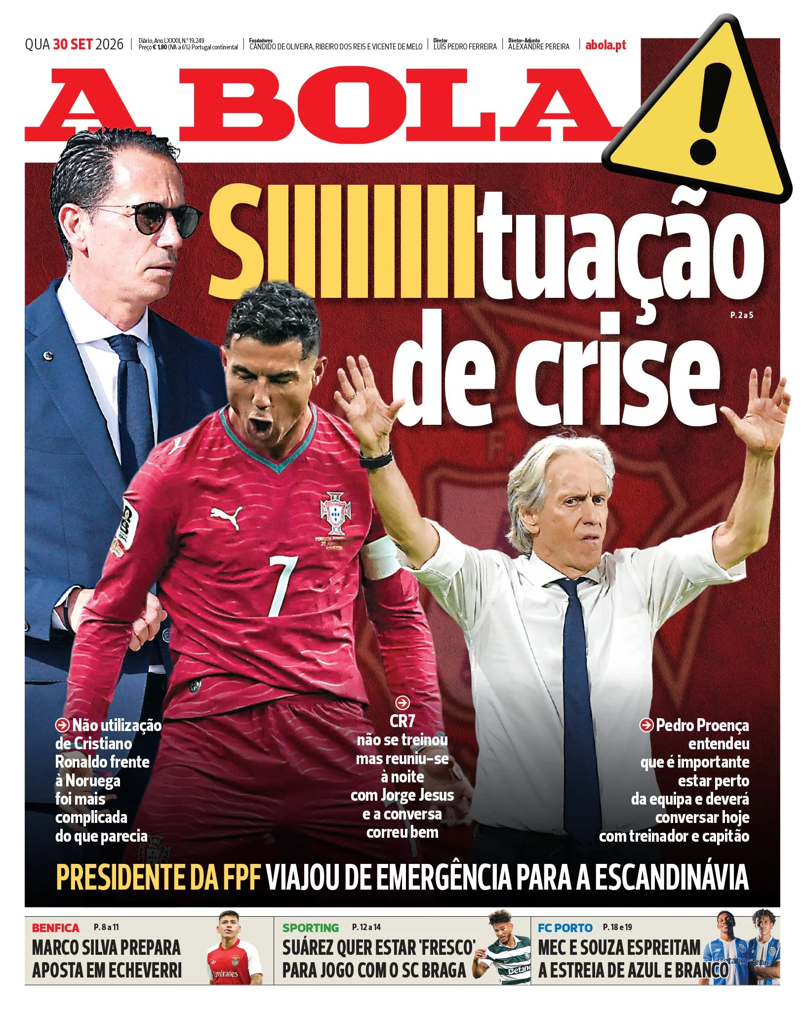 Capa do A Bola de quarta-feira, 30 de setembro de 2026