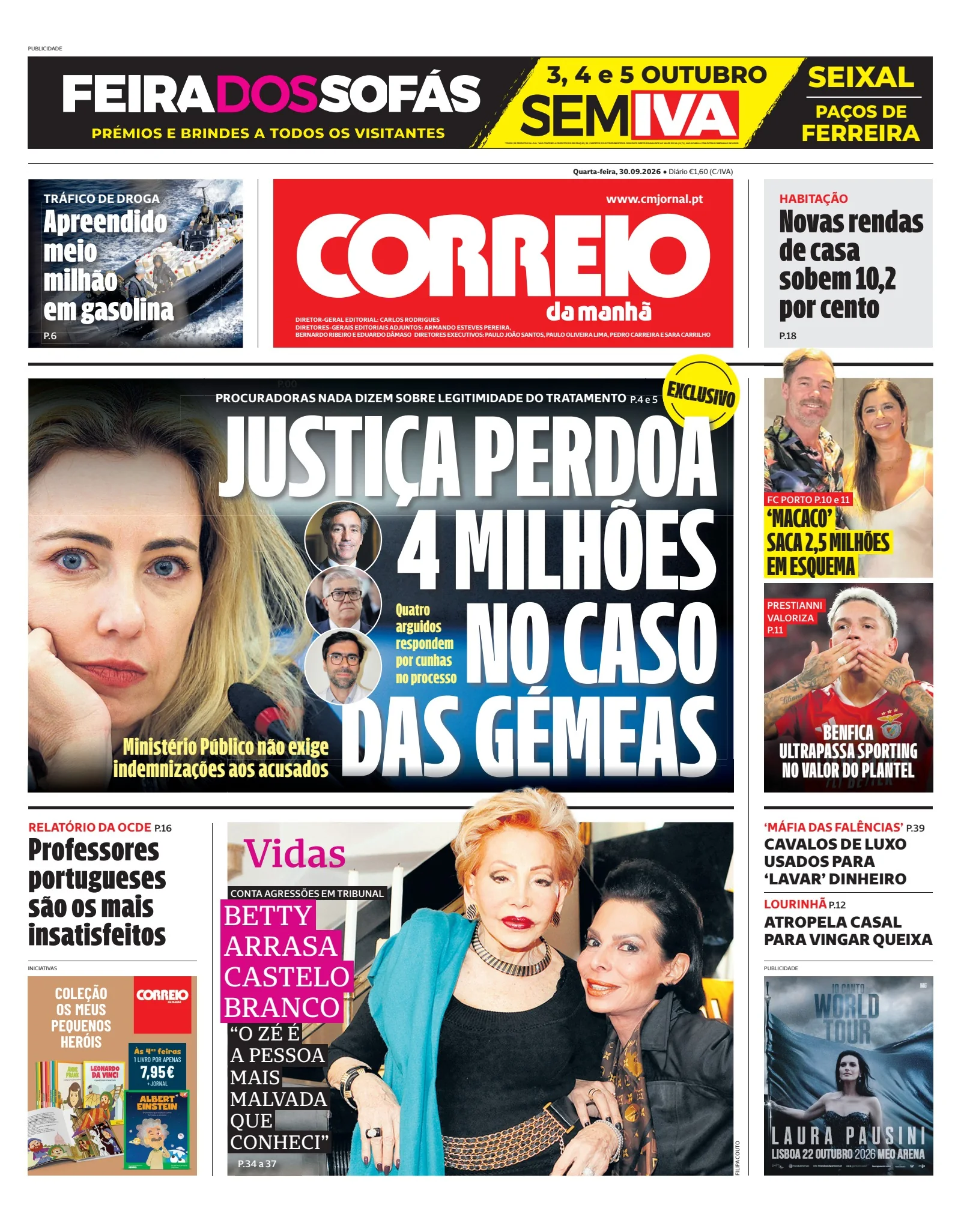 Capa do Correio da Manhã de quarta-feira, 30 de setembro de 2026