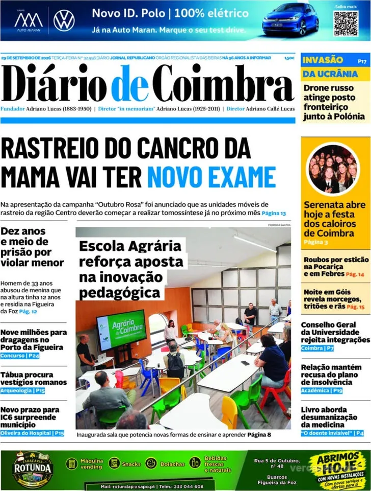 Capa do Diário de Coimbra de quarta-feira, 30 de setembro de 2026