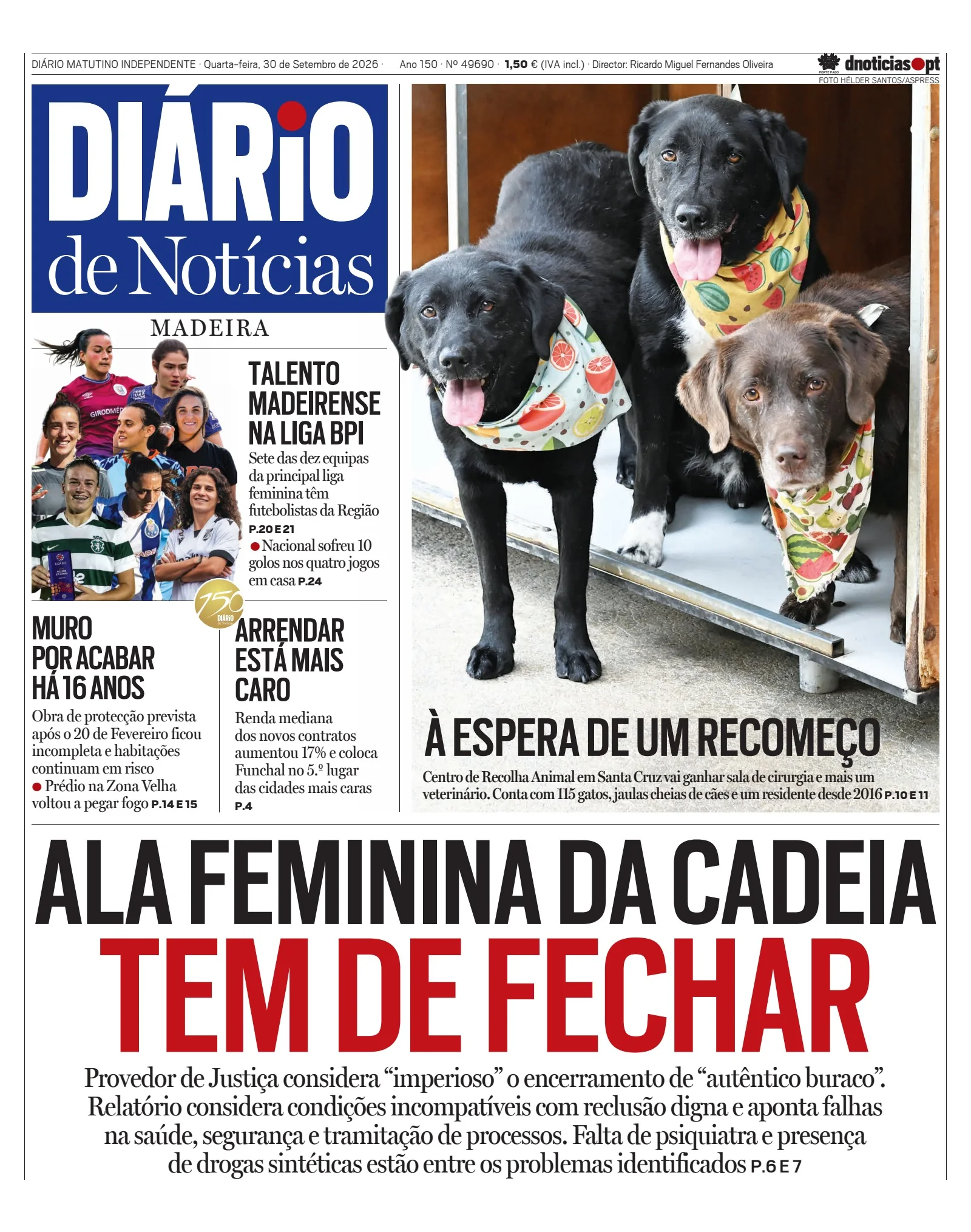 Capa do Diário de Notícias da Madeira de quarta-feira, 30 de setembro de 2026