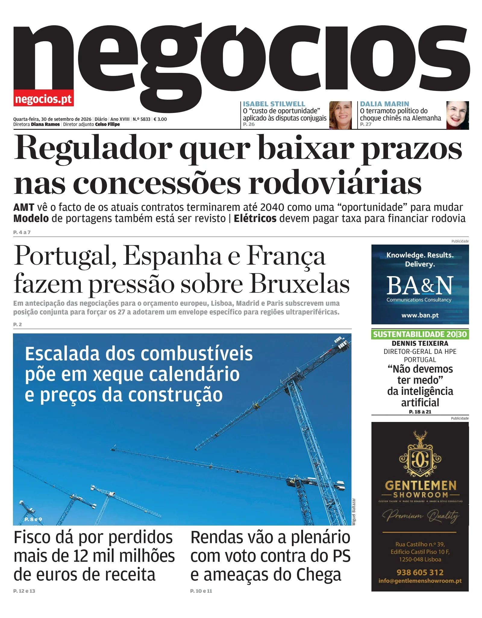 Capa do Jornal de Negócios de quarta-feira, 30 de setembro de 2026