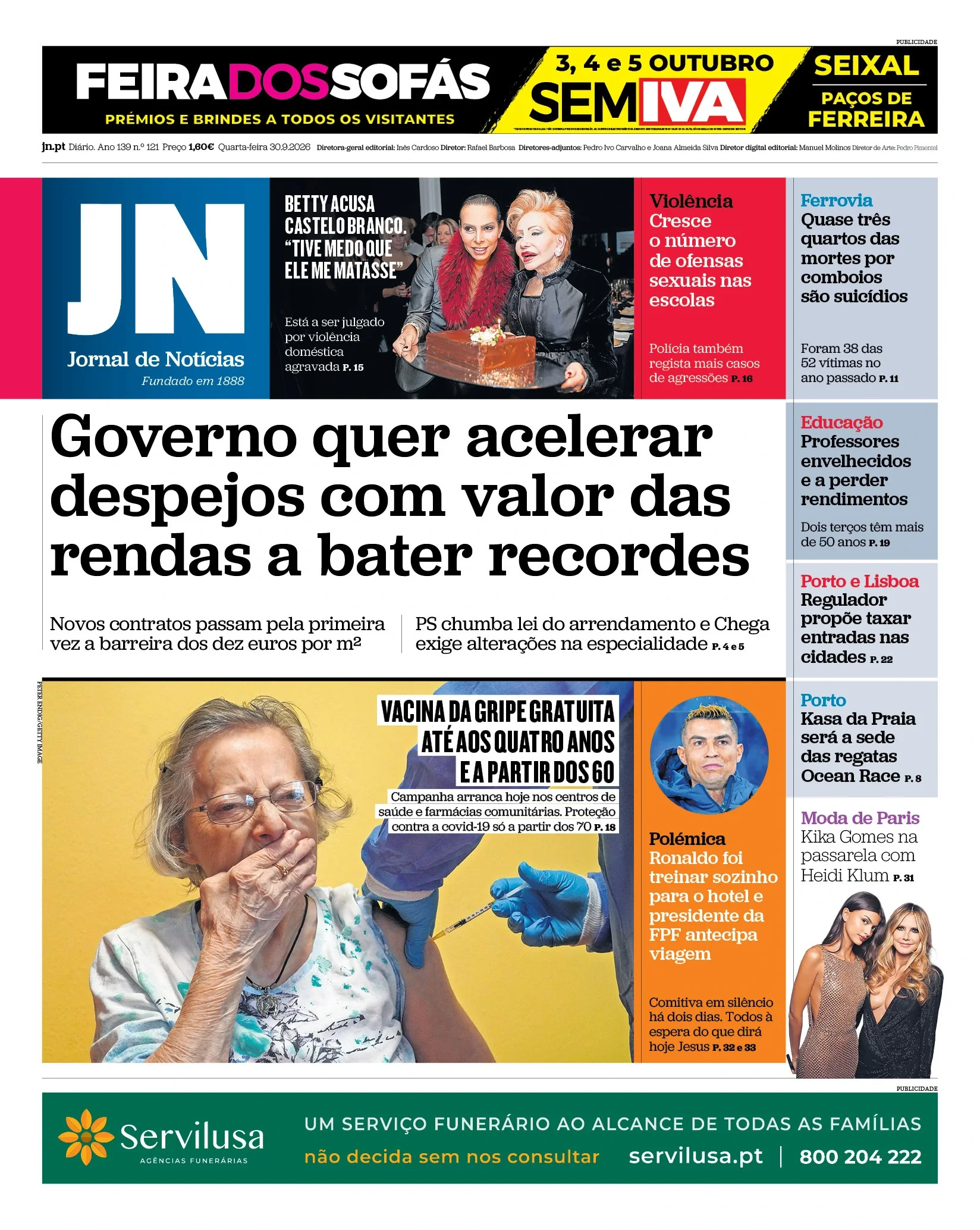 Capa do Jornal de Notícias de quarta-feira, 30 de setembro de 2026