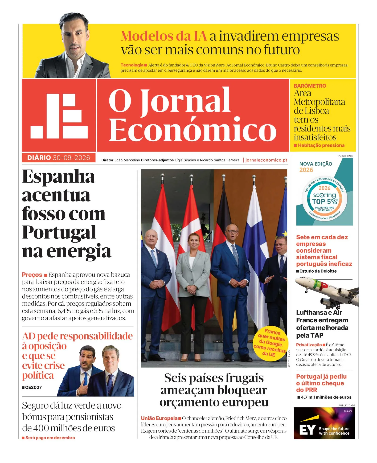 Capa do Jornal Económico de quarta-feira, 30 de setembro de 2026