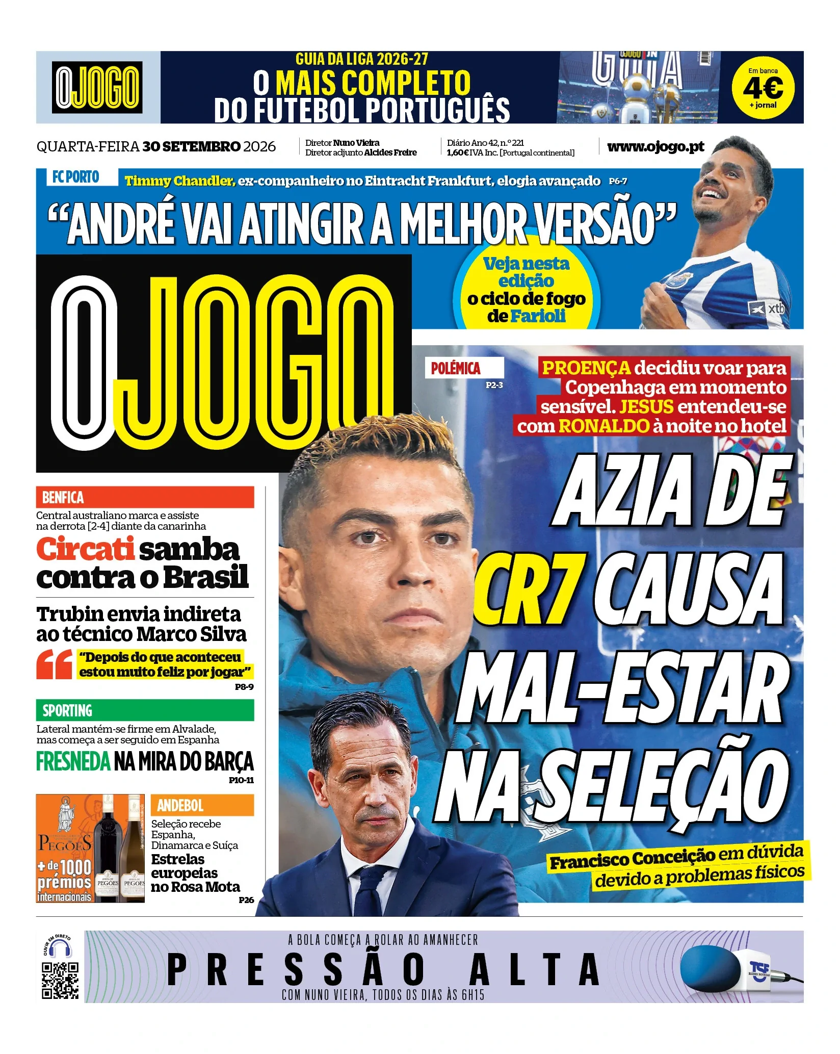 Capa do O Jogo de quarta-feira, 30 de setembro de 2026