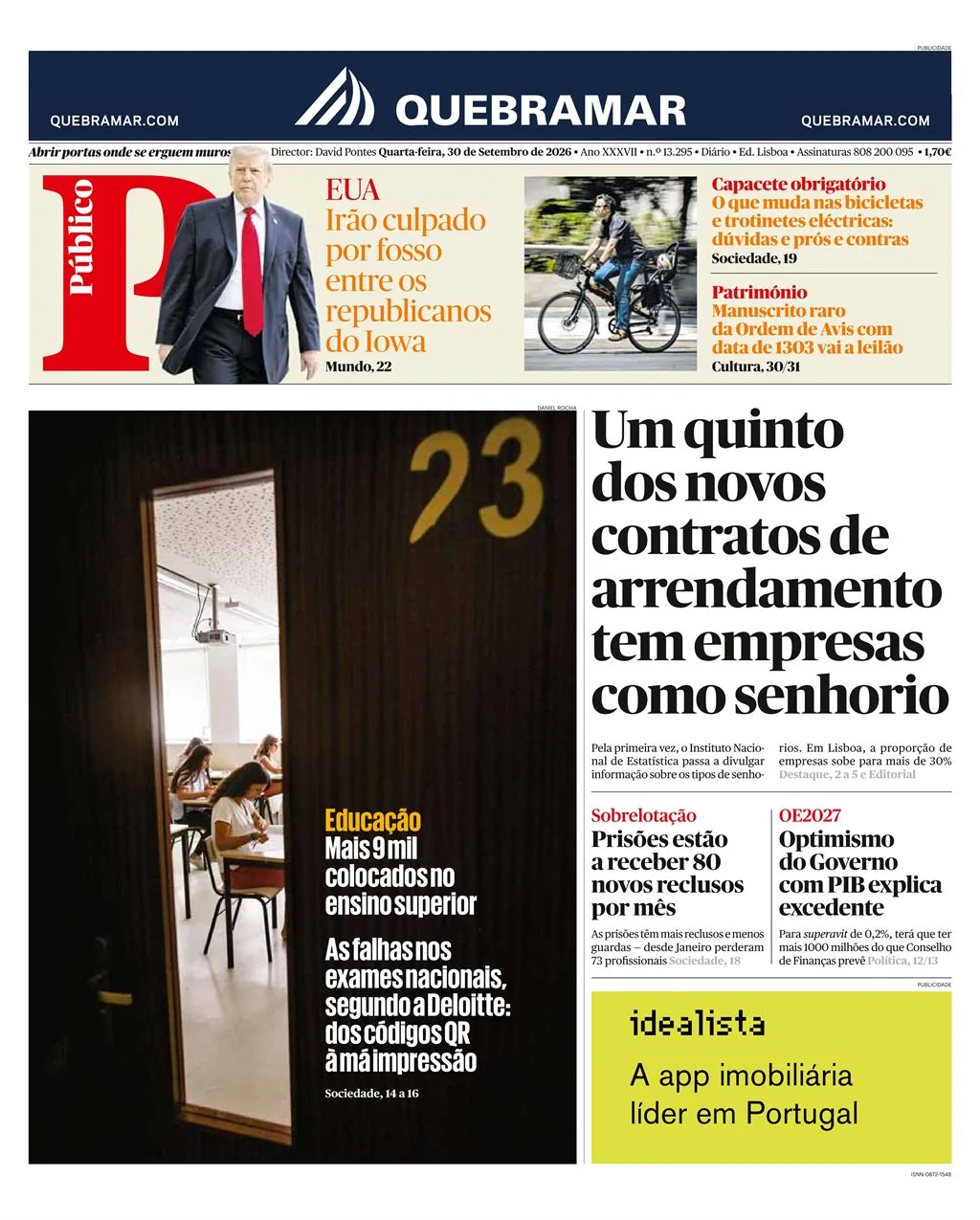 Capa do Público de quarta-feira, 30 de setembro de 2026
