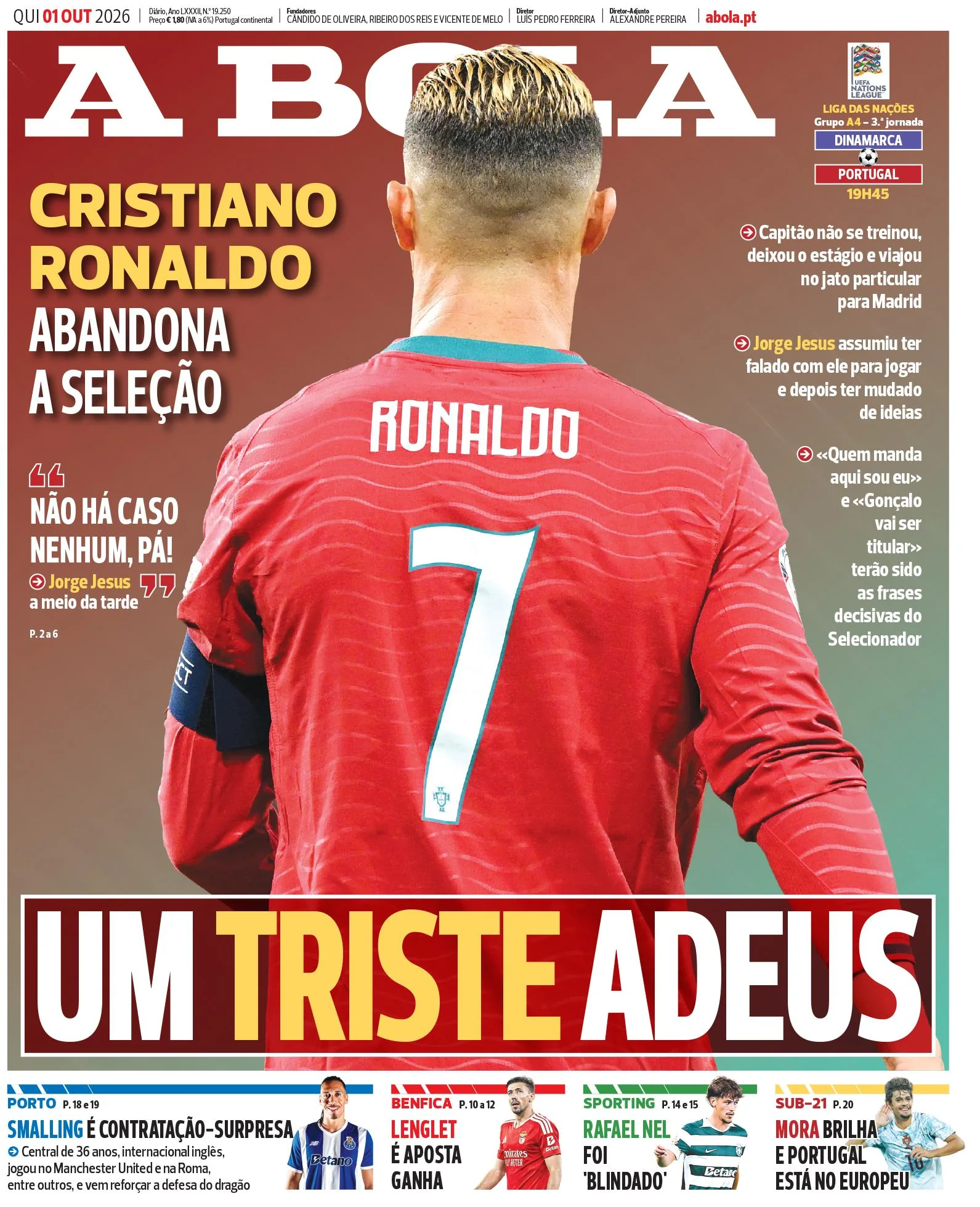 Capa do A Bola de quinta-feira, 1 de outubro de 2026