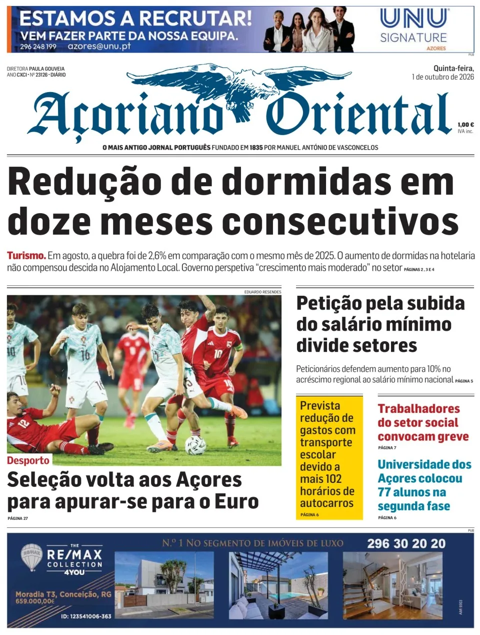 Capa do Açoriano Oriental de quinta-feira, 1 de outubro de 2026