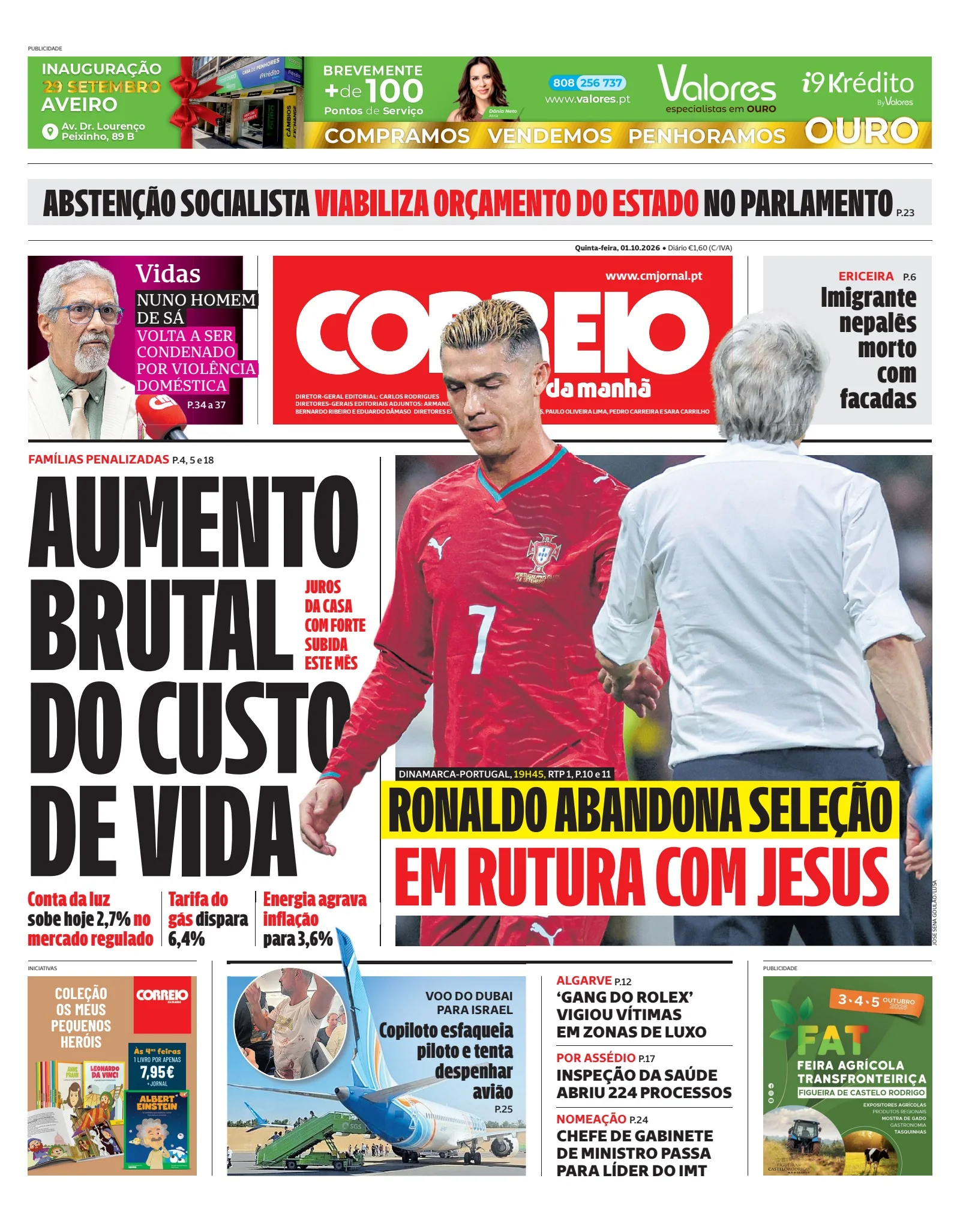 Capa do Correio da Manhã de quinta-feira, 1 de outubro de 2026