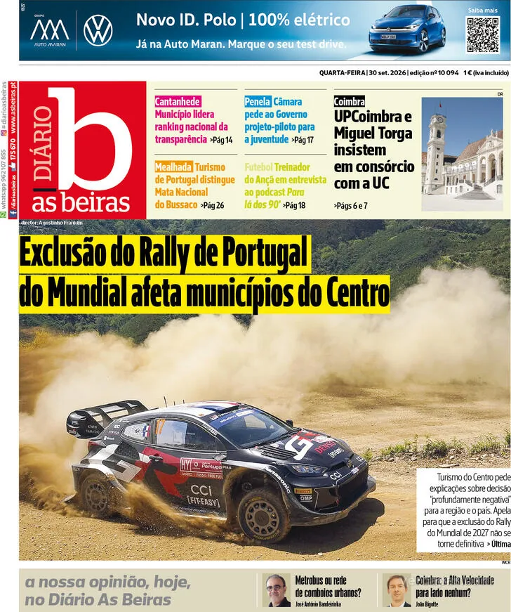 Capa do Diário As Beiras de quinta-feira, 1 de outubro de 2026