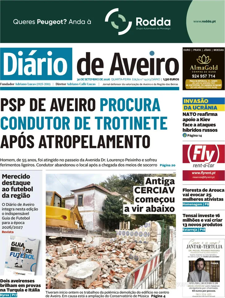 Capa do Diário de Aveiro de quinta-feira, 1 de outubro de 2026