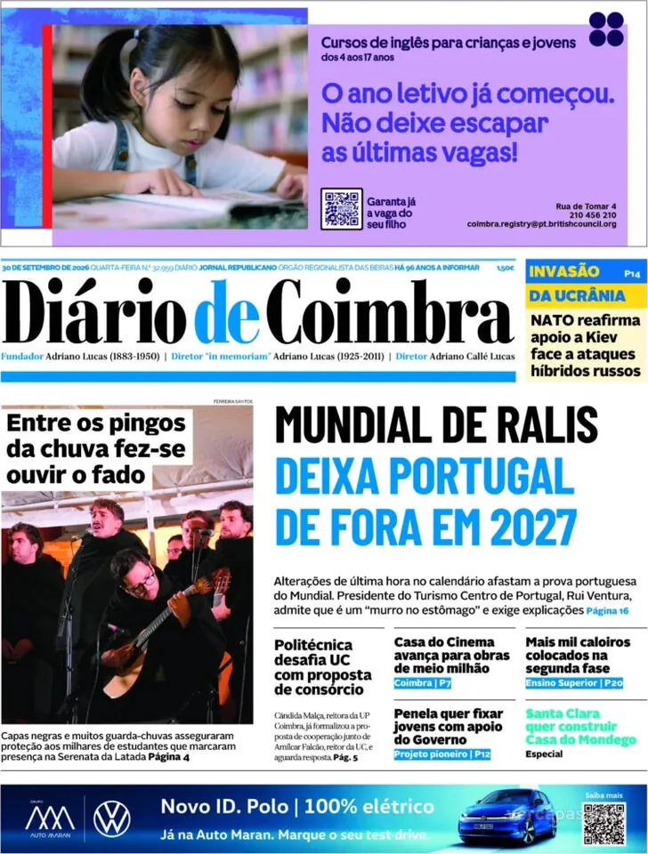 Capa do Diário de Coimbra de quinta-feira, 1 de outubro de 2026