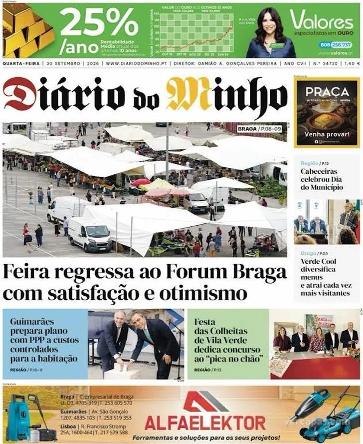 Capa do Diário do Minho de quinta-feira, 1 de outubro de 2026