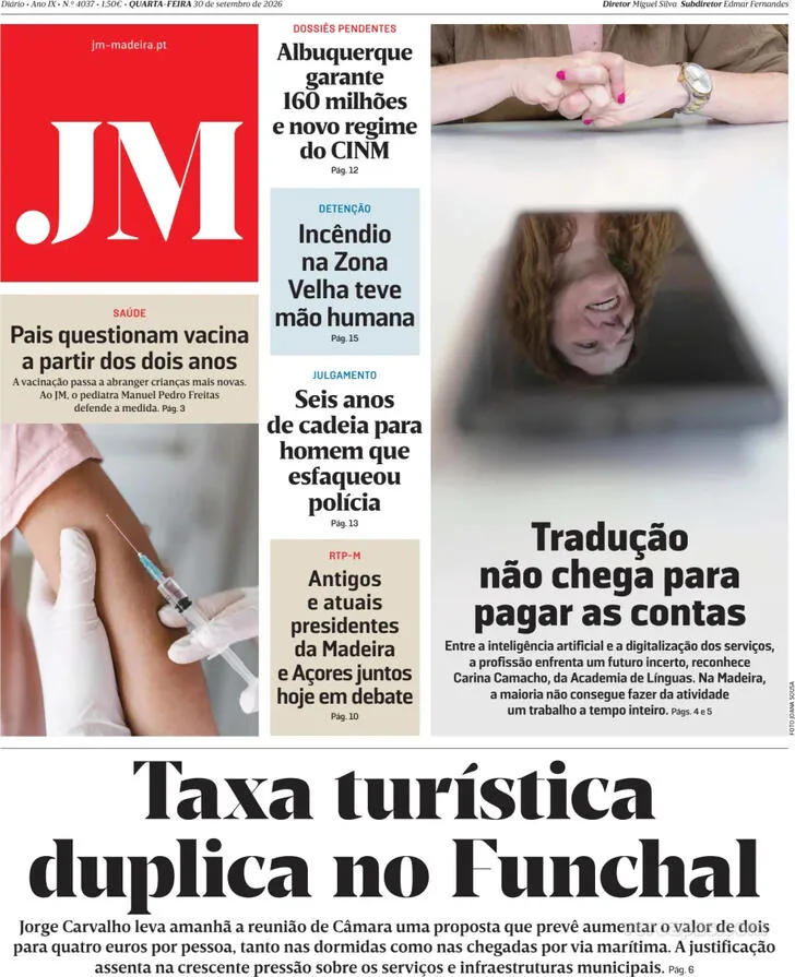Capa do Jornal da Madeira de quinta-feira, 1 de outubro de 2026