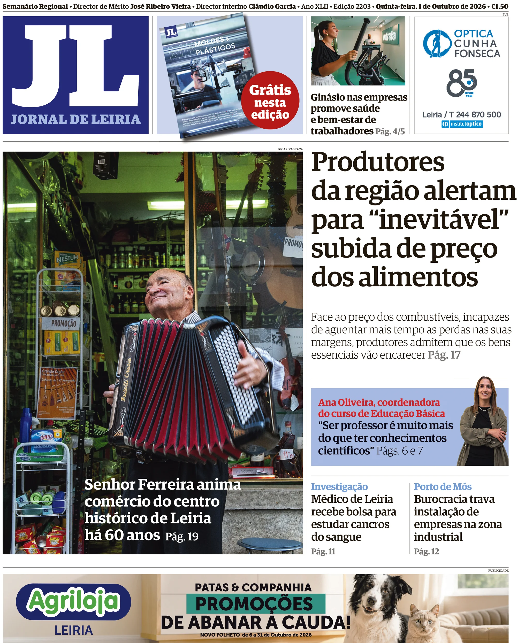 Capa do Jornal de Leiria de quinta-feira, 1 de outubro de 2026