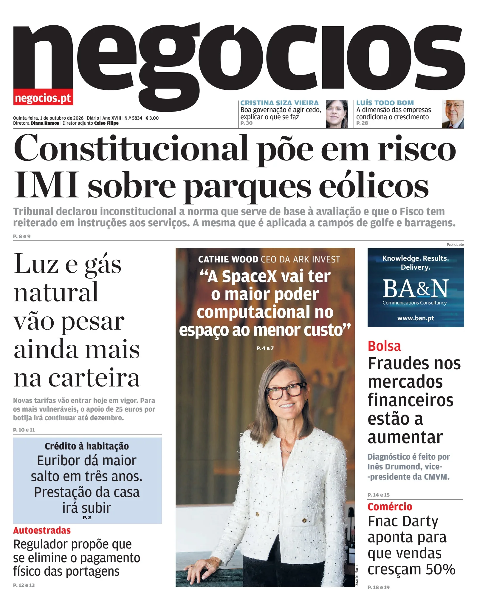 Capa do Jornal de Negócios de quinta-feira, 1 de outubro de 2026