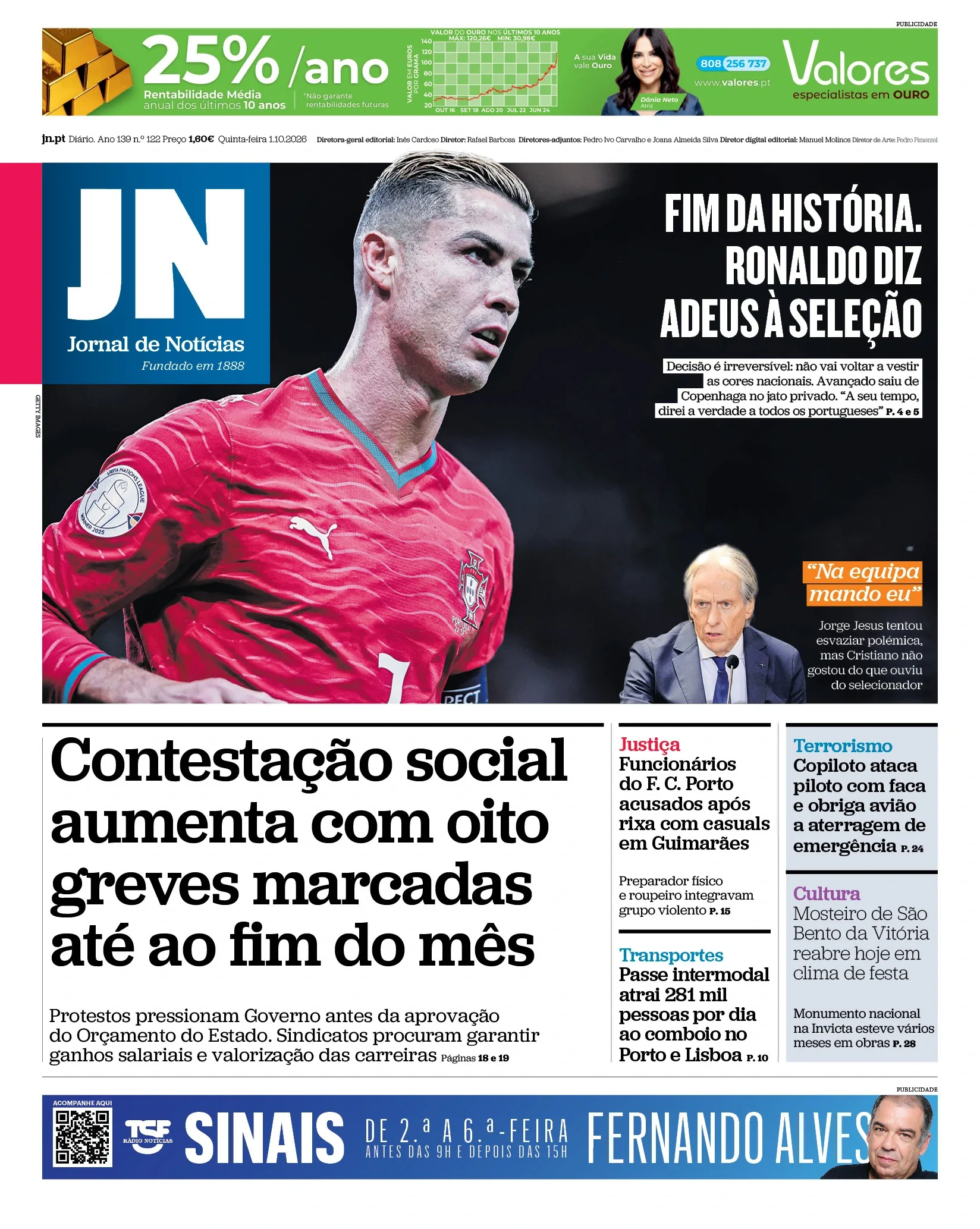 Capa do Jornal de Notícias de quinta-feira, 1 de outubro de 2026