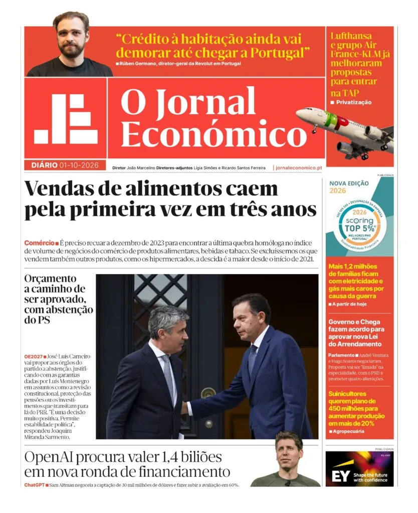 Capa do Jornal Económico de quinta-feira, 1 de outubro de 2026