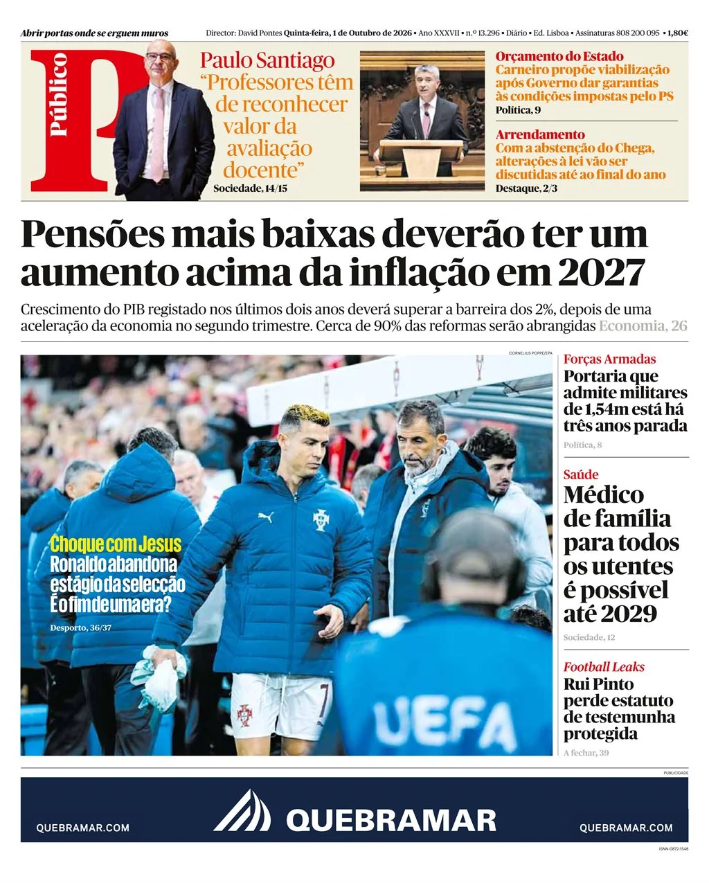 Capa do Público de quinta-feira, 1 de outubro de 2026