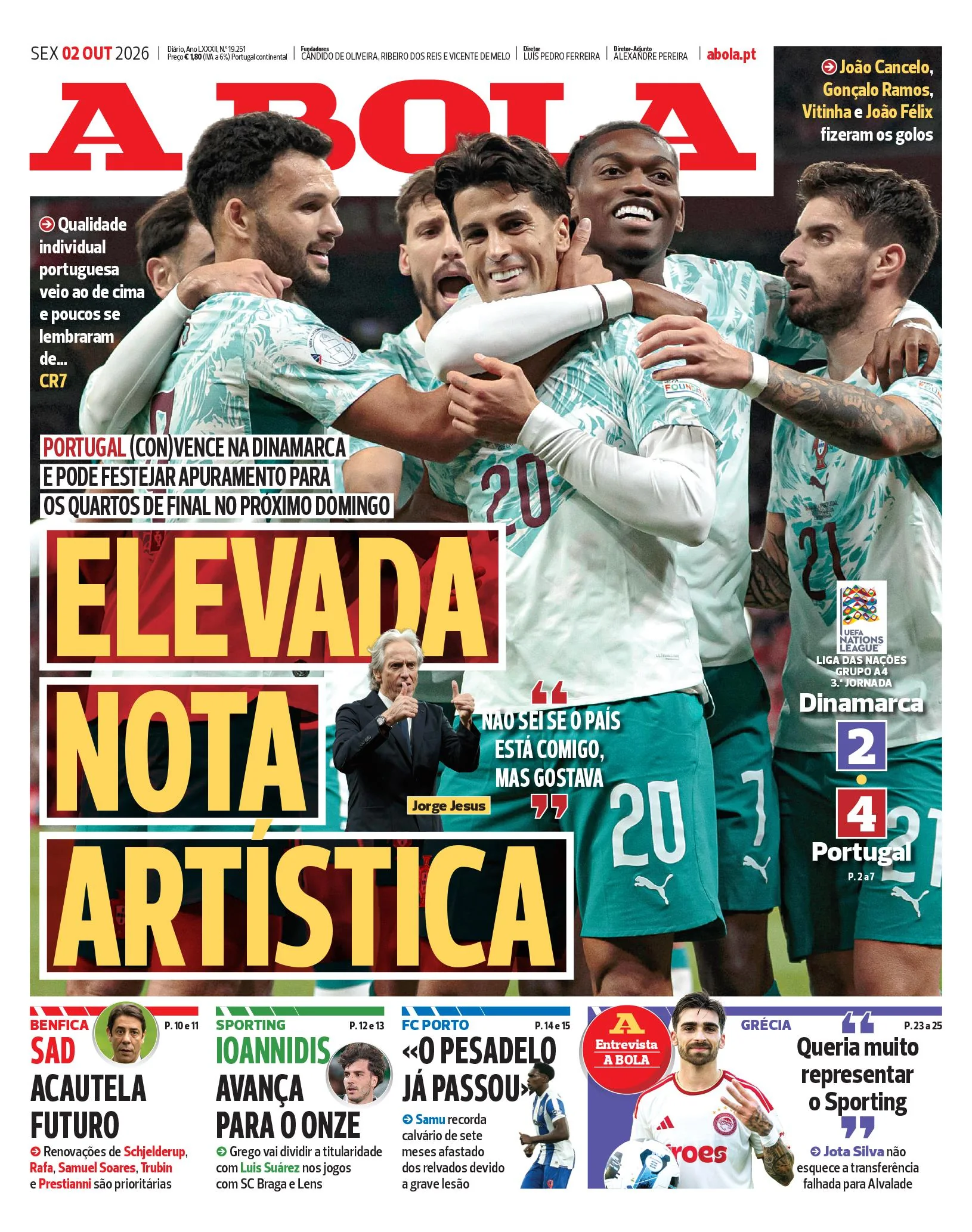 Capa do A Bola de sexta-feira, 2 de outubro de 2026