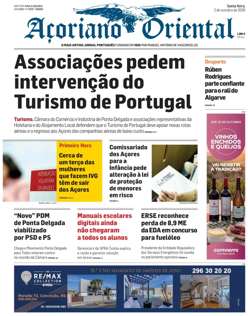 Capa do Açoriano Oriental de sexta-feira, 2 de outubro de 2026