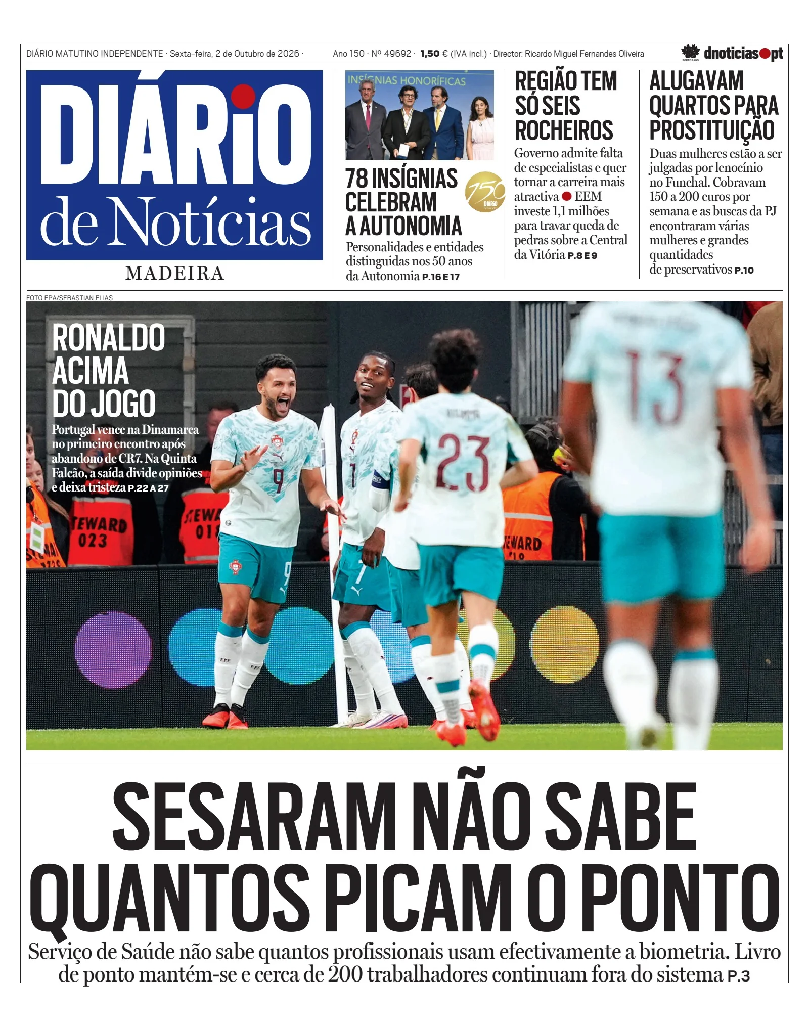 Capa do Diário de Notícias da Madeira de sexta-feira, 2 de outubro de 2026