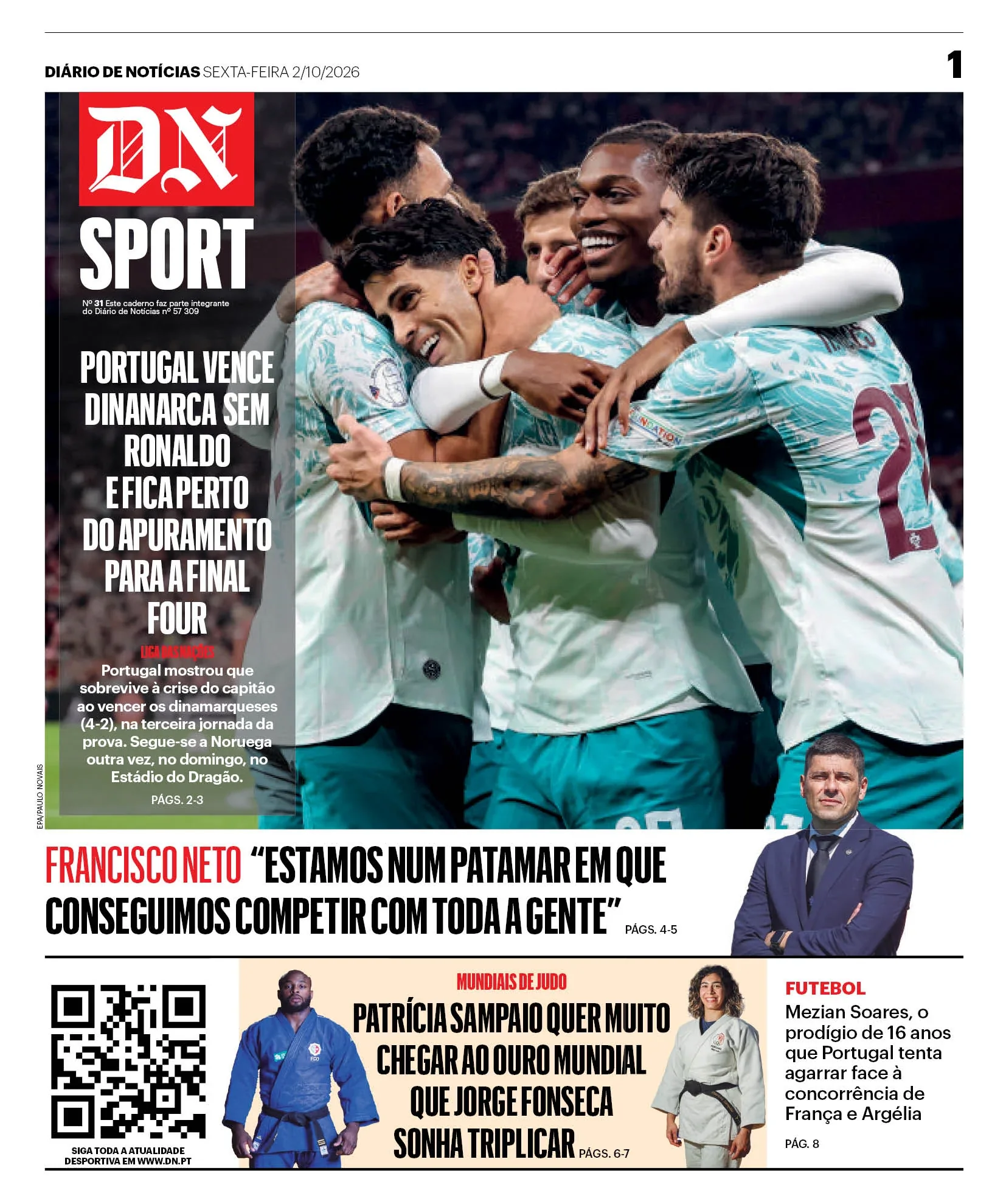 Capa do DN Sport de sexta-feira, 2 de outubro de 2026