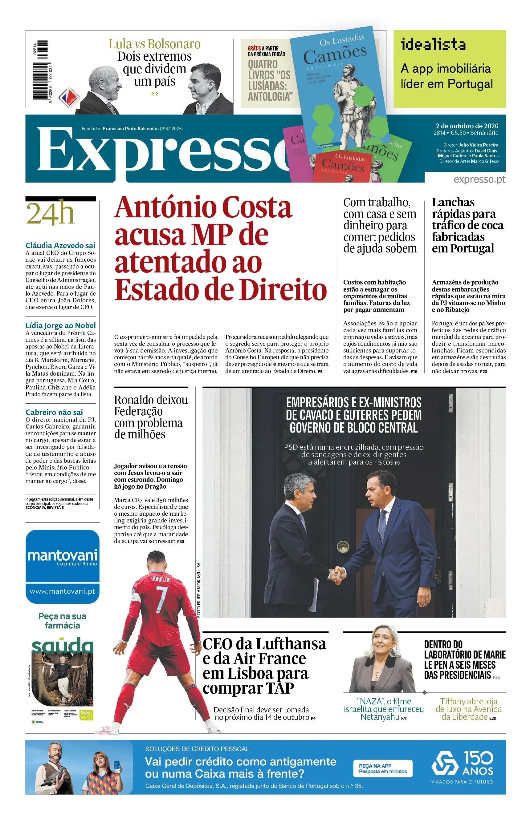Capa do Expresso de sexta-feira, 2 de outubro de 2026