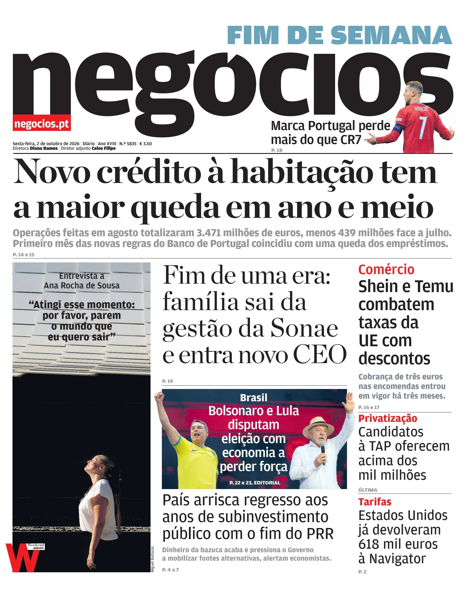 Capa do Jornal de Negócios de sexta-feira, 2 de outubro de 2026
